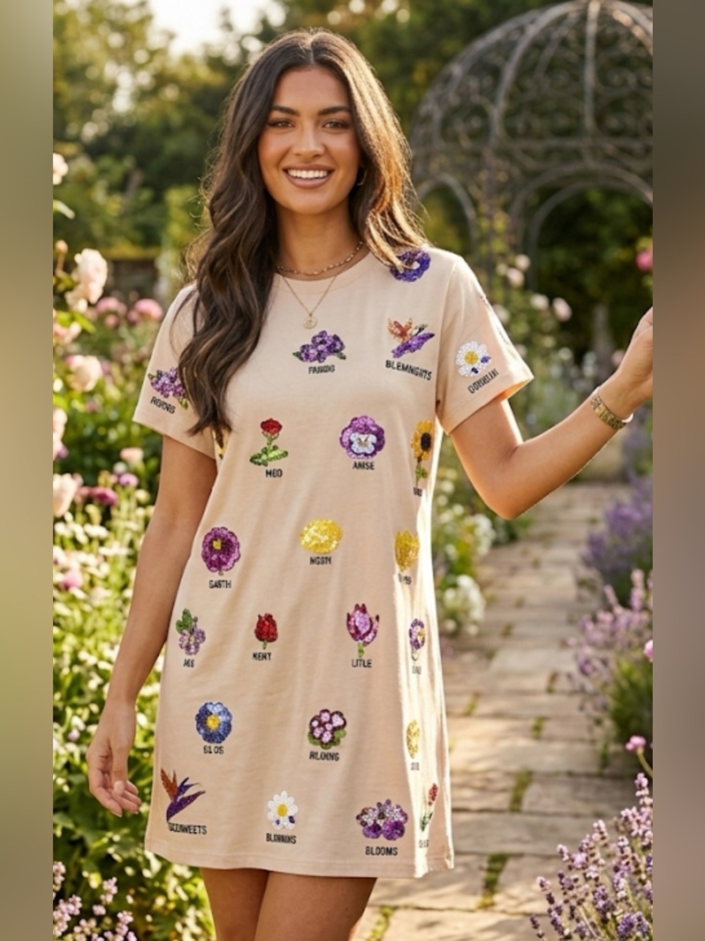 New! QUEEN OF SPARKLES Beige Sequin Flower Mini Tee Dress